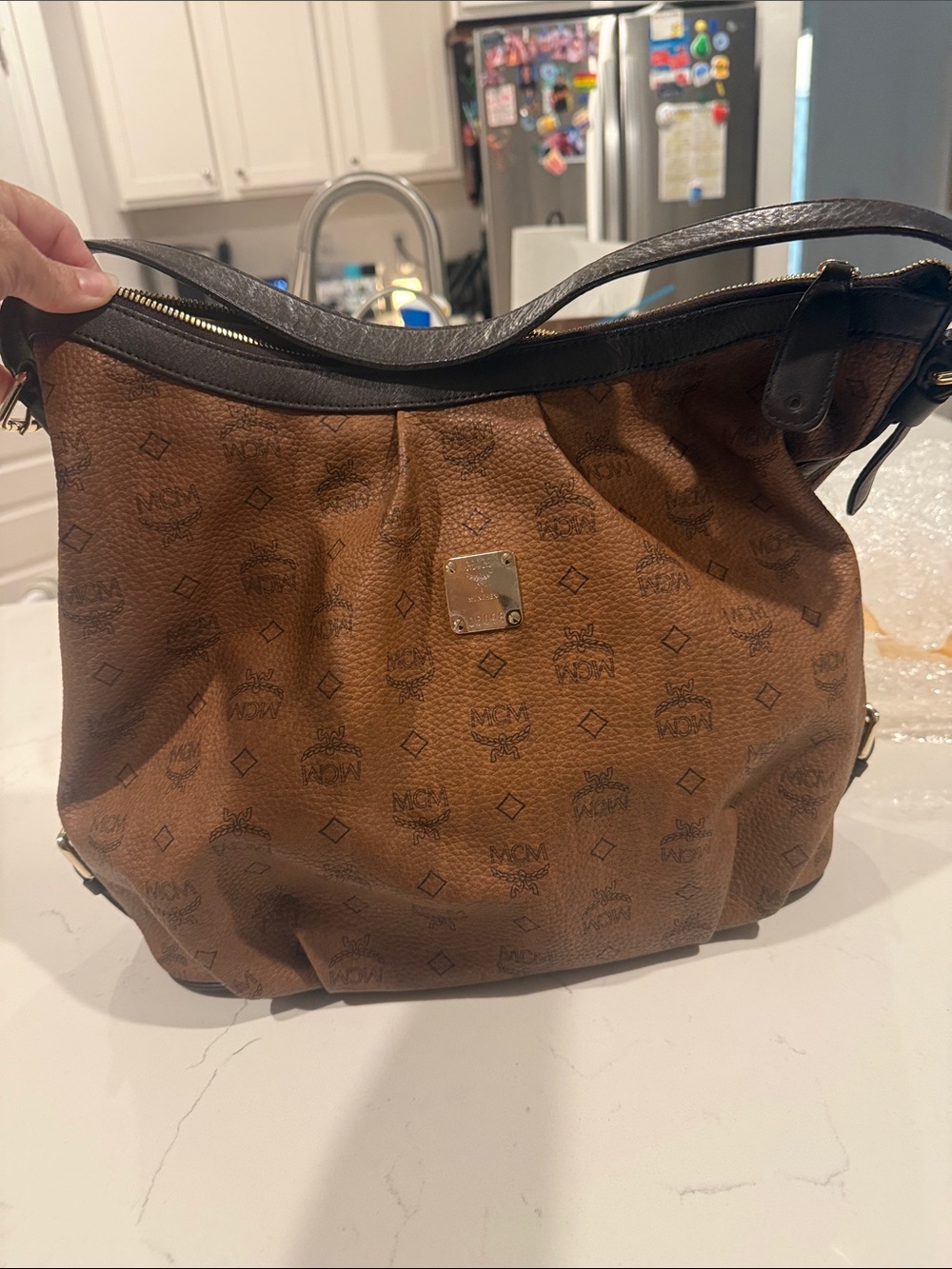 MCM Cognac Brown Logo Shoulder Bag with Dark Brown Trim like new condition